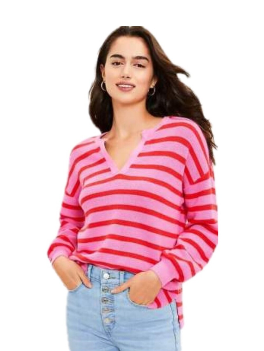 Loft Pink Cotton V Neck Sweater with Orange Stripes Size Medium